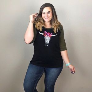 Boutique Zutter Floral Bull Skull Baseball Top